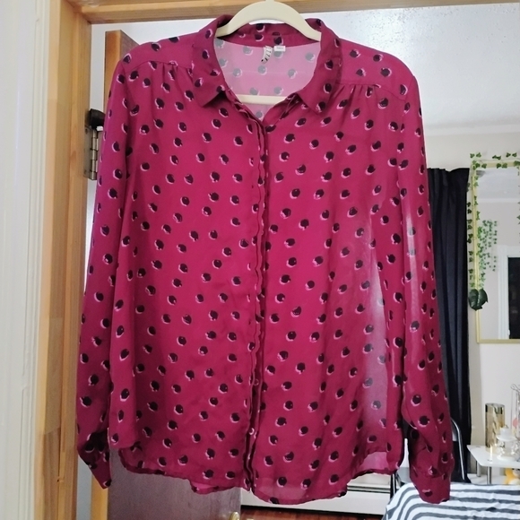 Elle Tops - Elle Blouse, Size: L, Cranberry W/Black Dots